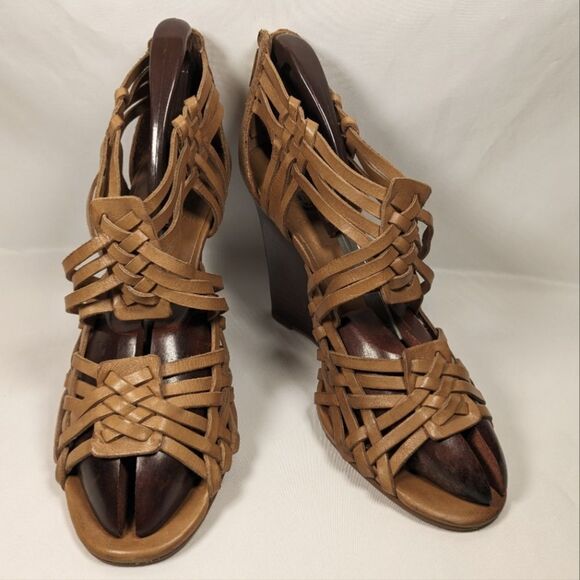 Tory Burch Tevray Huarache Tan Leather 4" Wedge Strappy Sandals Size 8M - Picture 1 of 11